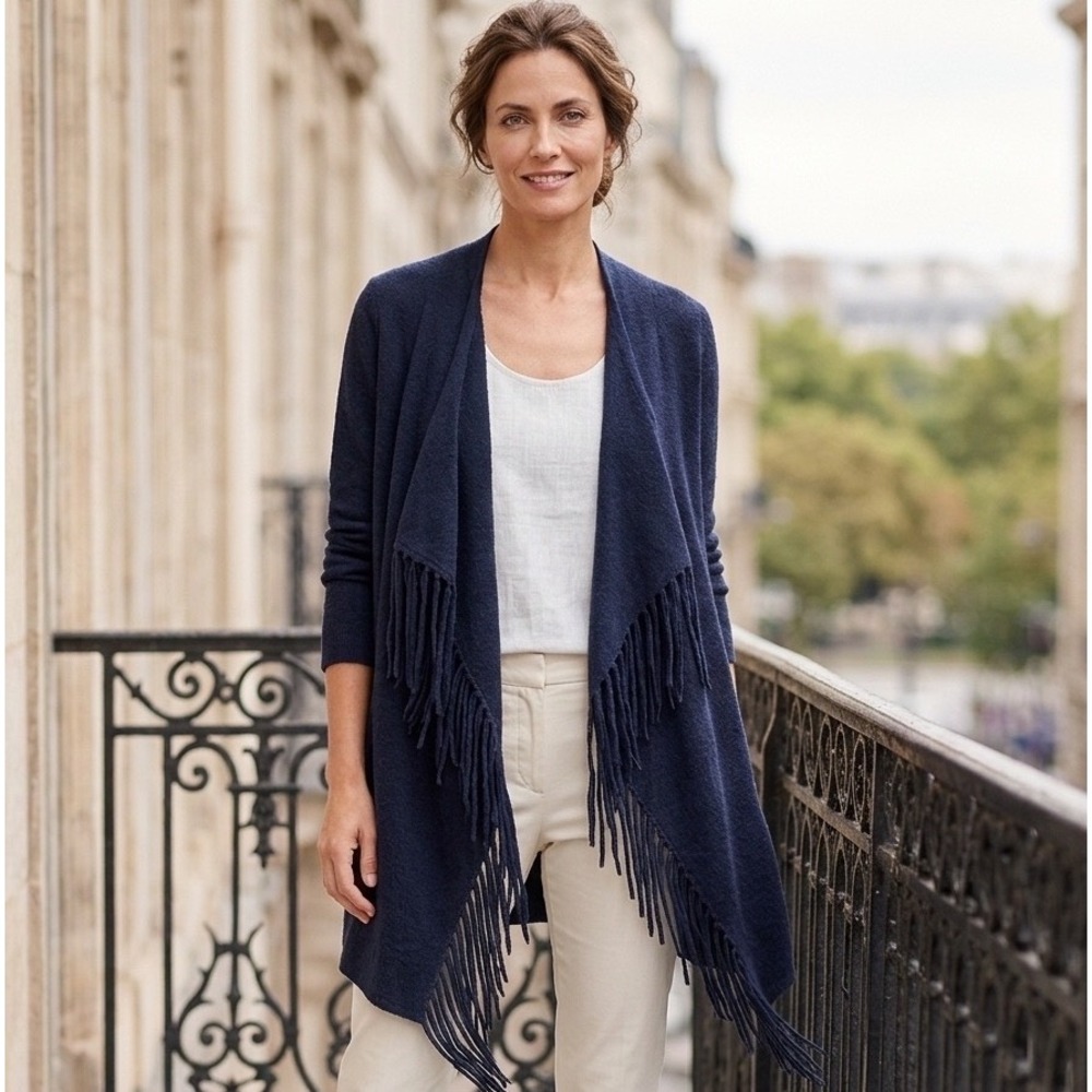Isaac Mizrahi Live! Navy Blue 100% Cashmere Fringe Draped Cardigan Size M